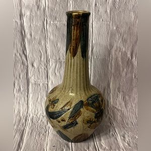 Japan Carved Mingei Stoneware Vase Otagiri with Fluted Neck and Bird Des…